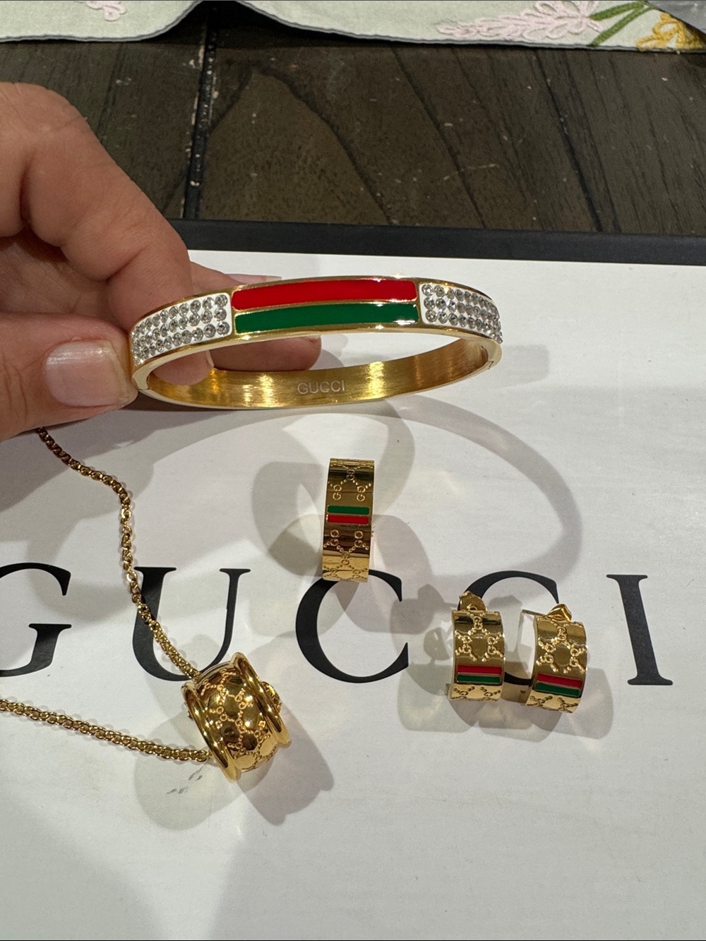 Gold Bangle with Red and Green Enamel Bands